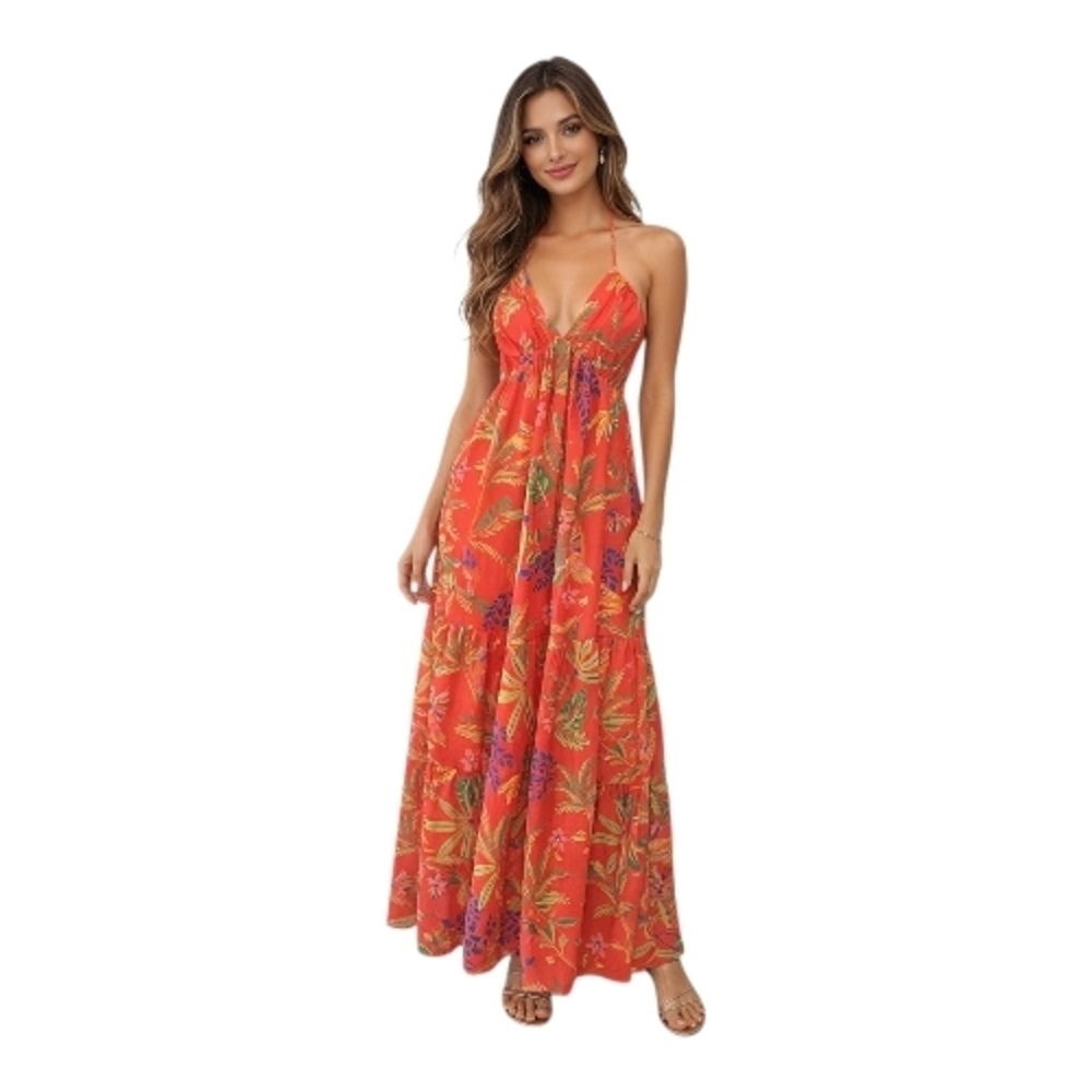 Chelsea & Violet Orange Tropical Print Spaghetti Strap Maxi Dress Size 2